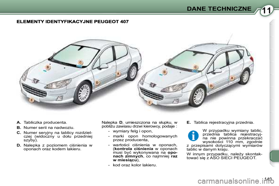 Peugeot 407 2008  Instrukcja Obsługi (in Polish) 1111�D�A�N�E� �T�E�C�H�N�I�C�Z�N�E
�1�4�3
   
A. � �  �T�a�b�l�i�c�z�k�a� �p�r�o�d�u�c�e�n�t�a�.� 
  
B. � �  �N�u�m�e�r� �s�e�r�i�i� �n�a� �n�a�d�w�o�z�i�u�.� 
  
�C�. � �  �N�u�m�e�r�  �s�e�r�y�j�n�