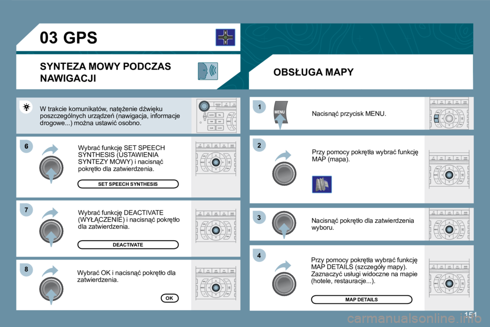 Peugeot 407 2008  Instrukcja Obsługi (in Polish) 6
�8�8
11
22
33
44
77
03
�1�5�1
� �N�a�c�i�s�n"�ć� �p�r�z�y�c�i�s�k� �M�E�N�U�.� 
� �P�r�z�y� �p�o�m�o�c�y� �p�o�k�r
�t�ł�a� �w�y�b�r�a�ć� �f�u�n�k�c�j
� �M�A�P� �(�m�a�p�a�)�.� 
� �N�a�c�i�