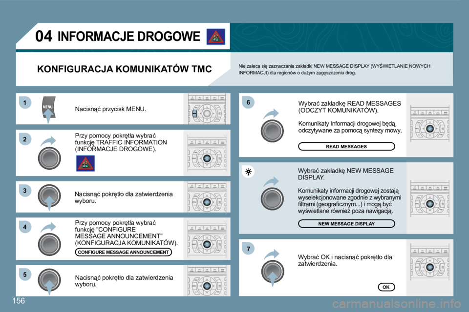 Peugeot 407 2008  Instrukcja Obsługi (in Polish) 11
22
33
44
66
55
77
04
�1�5�6
� �N�a�c�i�s�n"�ć� �p�r�z�y�c�i�s�k� �M�E�N�U�.� 
�R�E�A�D� �M�E�S�S�A�G�E�S
�N�E�W� �M�E�S�S�A�G�E� �D�I�S�P�L�A�Y
OK
� � �K�O�N�F�I�G�U�R�A�C�J�A� �K�O�M�U�N�I�K