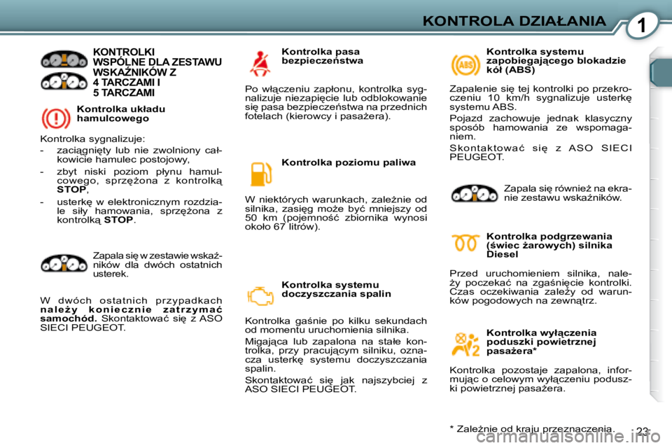 Peugeot 407 2008  Instrukcja Obsługi (in Polish) 1�K�O�N�T�R�O�L�A� �D�Z�I�A�Ł�A�N�I�A
�2�3
� � �K�o�n�t�r�o�l�k�a� �u�k�ł�a�d�u�  
�h�a�m�u�l�c�o�w�e�g�o� 
� �K�O�N�T�R�O�L�K�I� �W�S�P�Ó�L�N�E� �D�L�A� �Z�E�S�T�A�W�U� �W�S�K�AD�N�I�K�Ó�W� �Z� 