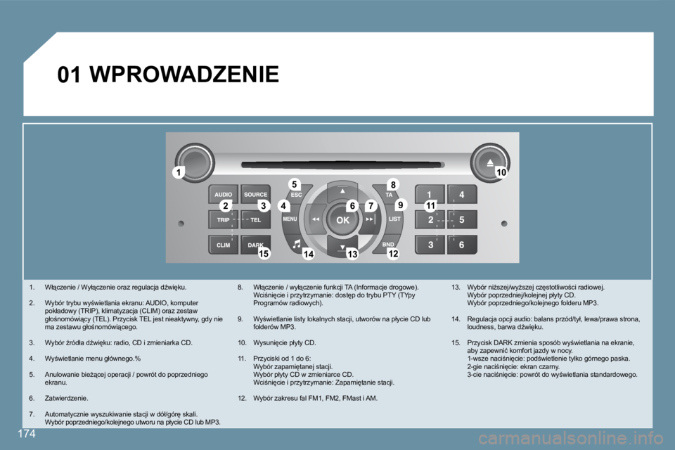 Peugeot 407 2008  Instrukcja Obsługi (in Polish) 11
223344
55
6677
1010
1111
1212131314141515
�8�8
99
01
174
� �W�P�R�O�W�A�D�Z�E�N�I�E� 
� � � �1�.� �  �W�ł"�c�z�e�n�i�e� �/� �W�y�ł"�c�z�e�n�i�e� �o�r�a�z� �r�e�g�u�l�a�c�j�a� �dE�w�i
