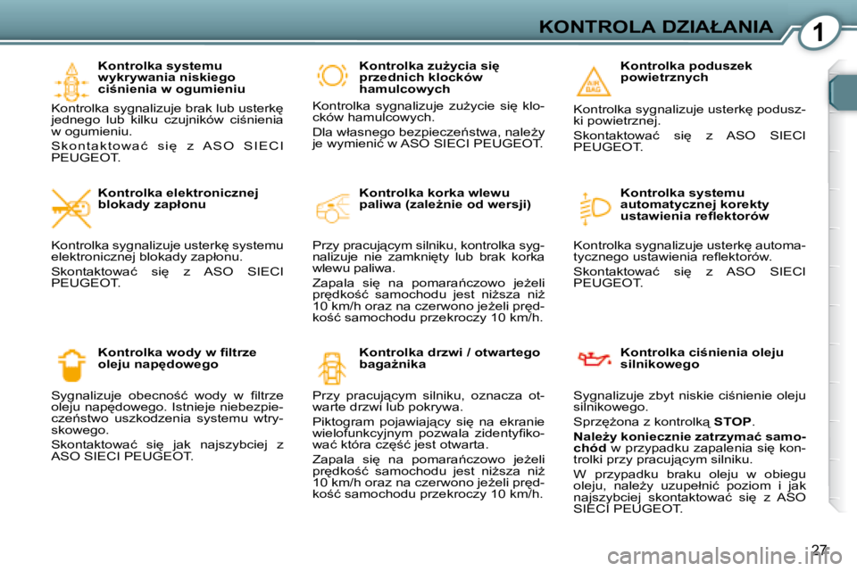 Peugeot 407 2008  Instrukcja Obsługi (in Polish) 1�K�O�N�T�R�O�L�A� �D�Z�I�A�Ł�A�N�I�A
27
� � �K�o�n�t�r�o�l�k�a� �s�y�s�t�e�m�u�  
�w�y�k�r�y�w�a�n�i�a� �n�i�s�k�i�e�g�o� 
�c�i;�n�i�e�n�i�a� �w� �o�g�u�m�i�e�n�i�u� 
� �K�o�n�t�r�o�l�k�a� �s�y�g�n