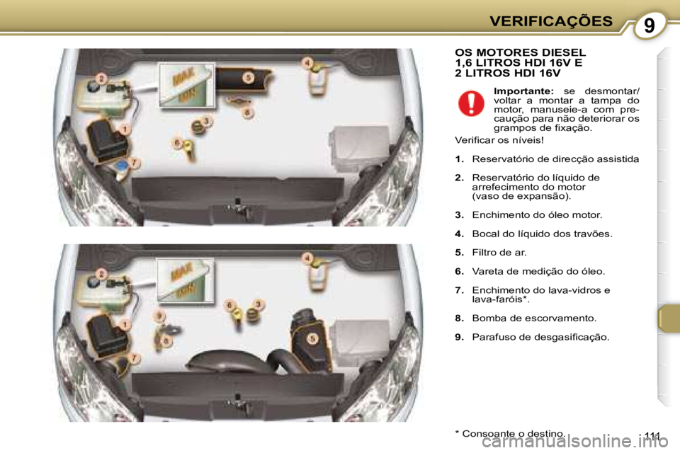 Peugeot 407 2008  Manual do proprietário (in Portuguese) 9VERIFICAÇÕES
111
 OS MOTORES DIESEL 1,6 LITROS HDI 16V E 2 LITROS HDI 16V 
  *   Consoante o destino.    
Importante:    se  desmontar/
voltar  a  montar  a  tampa  do  
motor,  manuseie-a  com  pr