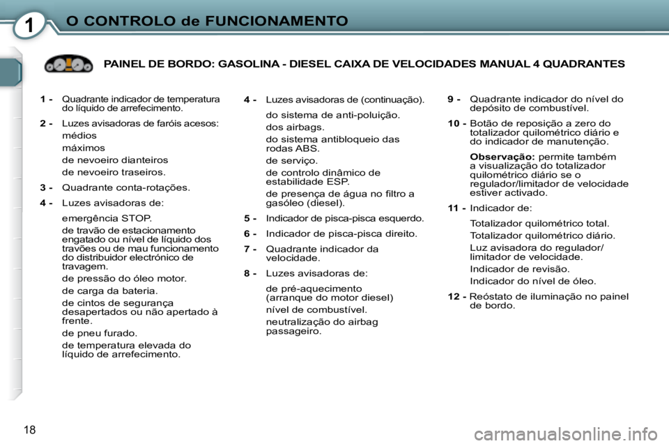 Peugeot 407 2008  Manual do proprietário (in Portuguese) 1O CONTROLO de FUNCIONAMENTO
18
  
1 -    Quadrante indicador de temperatura  
do líquido de arrefecimento. 
  
2 -    Luzes avisadoras de faróis acesos:  
   médios  
   máximos  
   de nevoeiro 