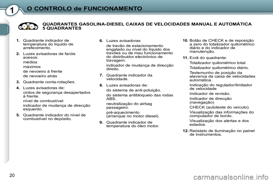 Peugeot 407 2008  Manual do proprietário (in Portuguese) 1O CONTROLO de FUNCIONAMENTO
20
   
1.    Quadrante indicador de 
temperatura do líquido de  
arrefecimento. 
  
2.    Luzes avisadoras de faróis
acesos:  
  médios   
  máximos   
  de nevoeiro 