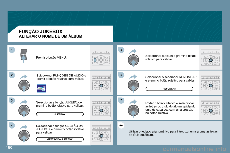 Peugeot 407 2008  Manual do proprietário (in Portuguese) 66
77
55
22
33
44
11
160
JUKEBOX
RENOMEAR
GESTÃO DA JUKEBOX
 Premir o botão MENU. 
 Seleccionar FUNÇÕES DE ÁUDIO e premir o botão rotativo para validar. 
� �S�e�l�e�c�c�i�o�n�a�r� �a� �f�u�n�ç�