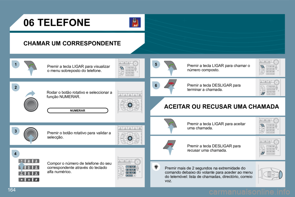 Peugeot 407 2008  Manual do proprietário (in Portuguese) 11
22
33
44
55
66
06
164
 TELEFONE 
  CHAMAR UM CORRESPONDENTE 
 Rodar o botão rotativo e seleccionar a função NUMERAR. 
 Premir a tecla LIGAR para visualizar o menu sobreposto do telefone. 
 Premi