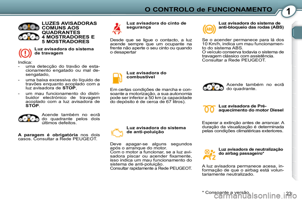 Peugeot 407 2008  Manual do proprietário (in Portuguese) 1O CONTROLO de FUNCIONAMENTO
23
  Luz avisadora do sistema  
de travagem 
 LUZES AVISADORAS COMUNS AOS QUADRANTES 4 MOSTRADORES E 5 MOSTRADORES  
 Indica:  
   -   uma  detecção  do  travão  de  es