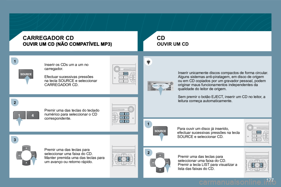 Peugeot 407 2008  Manual do proprietário (in Portuguese) 11
22
33
11
22
177
 Inserir os CDs um a um no carregador. 
 Efectuar sucessivas pressões na tecla SOURCE e seleccionar CARREGADOR CD. 
 Premir uma das teclas do teclado numérico para seleccionar o C