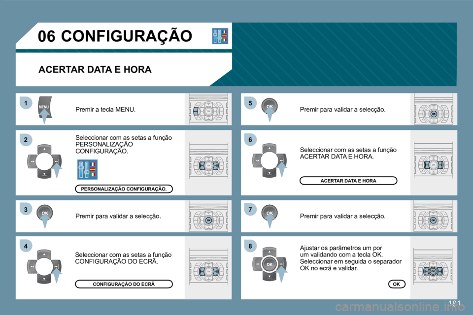 Peugeot 407 2008 Manual do proprietário (in Portuguese) 55
66
77
88
11
22
33
44
06
181
CONFIGURAÇÃO
ACERTAR DATA E HORA
Premir a tecla MENU.
Seleccionar com as setas a função PERSONALIZAÇÃO Seleccionar com as seom as
CONFIGURAÇÃO. PERSO Peugeot 407 2008 Manual do proprietário (in Portuguese) 55
66
77
88
11
22
33
44
06
181
CONFIGURAÇÃO
ACERTAR DATA E HORA
Premir a tecla MENU.
Seleccionar com as setas a função PERSONALIZAÇÃO Seleccionar com as seom as
CONFIGURAÇÃO. PERSO