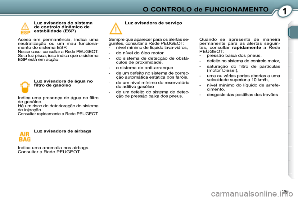 Peugeot 407 2008 Manual do proprietário (in Portuguese) 1O CONTROLO de FUNCIONAMENTO
25
Luz avisadora do sistema
de controlo dinâmico de
estabilidade (ESP)
Aceso em permanência, indica uma
neutralização ou um mau funciona-
mento do sist Peugeot 407 2008 Manual do proprietário (in Portuguese) 1O CONTROLO de FUNCIONAMENTO
25
Luz avisadora do sistema
de controlo dinâmico de
estabilidade (ESP)
Aceso em permanência, indica uma
neutralização ou um mau funciona-
mento do sist