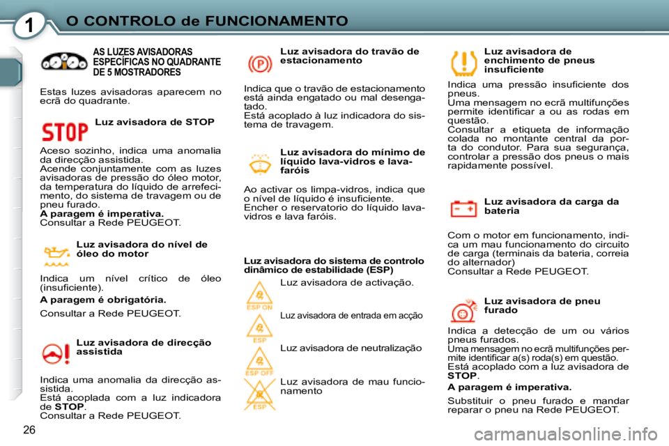 Peugeot 407 2008 Manual do proprietário (in Portuguese) 1O CONTROLO de FUNCIONAMENTO
26
Luz avisadora da carga da
bateria
Com o motor em funcionamento, indi-
ca um mau funcionamento do circuito
de carga (terminais da bateria, correia
do alternador) Peugeot 407 2008 Manual do proprietário (in Portuguese) 1O CONTROLO de FUNCIONAMENTO
26
Luz avisadora da carga da
bateria
Com o motor em funcionamento, indi-
ca um mau funcionamento do circuito
de carga (terminais da bateria, correia
do alternador)