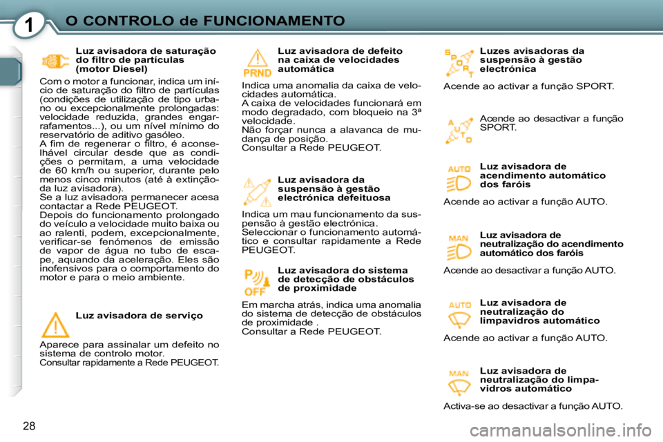Peugeot 407 2008 Manual do proprietário (in Portuguese) 1O CONTROLO de FUNCIONAMENTO
28
Luzes avisadoras da
suspensão à gestão
electrónica
Acende ao activar a função SPORT.
Luz avisadora de
acendimento automático
dos faróis
Acende ao Peugeot 407 2008 Manual do proprietário (in Portuguese) 1O CONTROLO de FUNCIONAMENTO
28
Luzes avisadoras da
suspensão à gestão
electrónica
Acende ao activar a função SPORT.
Luz avisadora de
acendimento automático
dos faróis
Acende ao