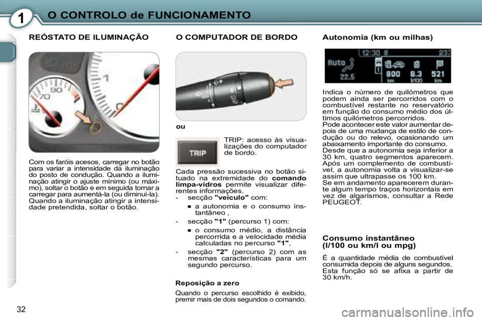 Peugeot 407 2008 Manual do proprietário (in Portuguese) 1O CONTROLO de FUNCIONAMENTO
32
O COMPUTADOR DE BORDO
ou
TRIP: acesso às visua-
lizações do computador
de bordo.
Cada pressão sucessiva no botão si-
tuado na extremidade d Peugeot 407 2008 Manual do proprietário (in Portuguese) 1O CONTROLO de FUNCIONAMENTO
32
O COMPUTADOR DE BORDO
ou
TRIP: acesso às visua-
lizações do computador
de bordo.
Cada pressão sucessiva no botão si-
tuado na extremidade d