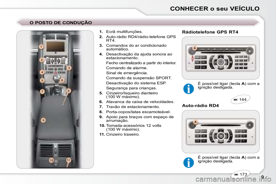 Peugeot 407 2008  Manual do proprietário (in Portuguese) CONHECER o seu VEÍCULO
  O POSTO DE CONDUÇÃO     
1.    Ecrã multifunções. 
  
2.    Auto-rádio RD4/rádio-telefone GPS 
RT4. 
  
3.    Comandos do ar condicionado 
automático. 
  
4.    Desac