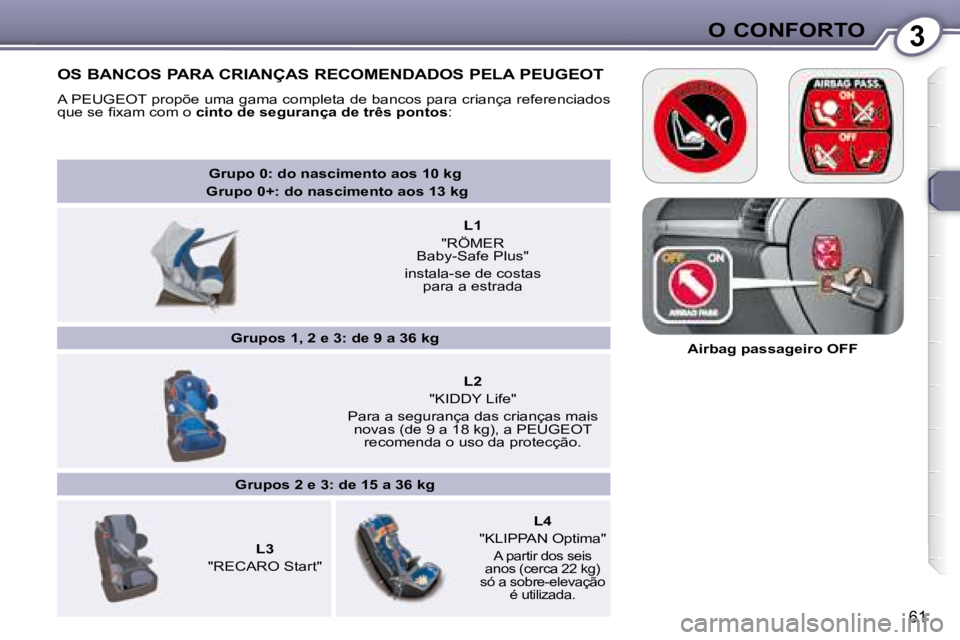 Peugeot 407 2008  Manual do proprietário (in Portuguese) 3O CONFORTO
61
   
Grupo 0: do nascimento aos 10 kg  
 Grupo 0+: do nascimento aos 13 kg    
        
L1    
"RÖMER 
Baby-Safe Plus"  
instala-se de costas  para a estrada 
       
   
Grupos 1, 2 e 