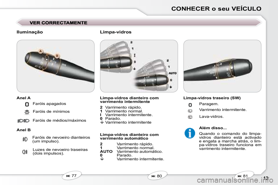 Peugeot 407 2008  Manual do proprietário (in Portuguese) CONHECER o seu VEÍCULO
  Iluminação  
  Anel A  
  Anel B   Limpa-vidros dianteiro com  
varrimento intermitente  
  
2    Varrimento rápido. 
  
1    Varrimento normal. 
  
I    Varrimento interm