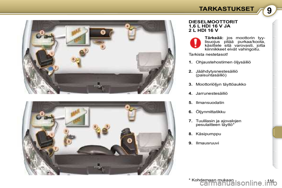 Peugeot 407 2008  Omistajan käsikirja (in Finnish) 9TARKASTUKSET
111
 DIESELMOOTTORIT 1,6 L HDI 16 V JA 2 L HDI 16 V 
  *   Kohdemaan mukaan    
Tärkeää:    jos  moottorin  tyy-
lisuojus  pitää  purkaa/koota,  
käsittele  sitä  varovasti,  jott