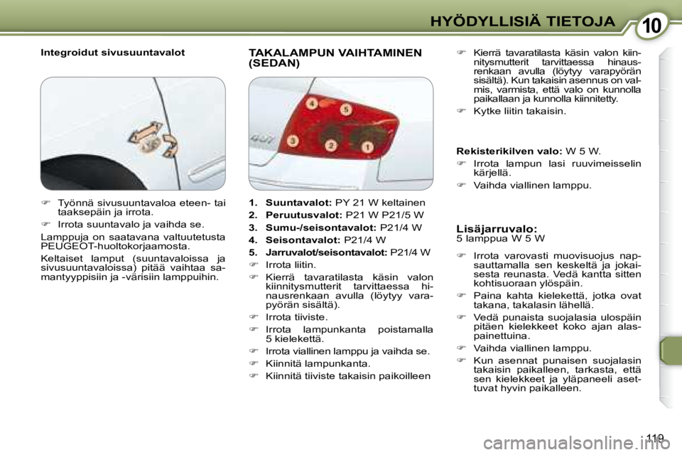 Peugeot 407 2008  Omistajan käsikirja (in Finnish) 1010HYÖDYLLISIÄ TIETOJA
119
  Integroidut sivusuuntavalot  TAKALAMPUN VAIHTAMINEN (SEDAN) 
  Lisäjarruvalo:   
5 lamppua W 5 W  
   
�    Irrota  varovasti  muovisuojus  nap-
sauttamalla  sen  k