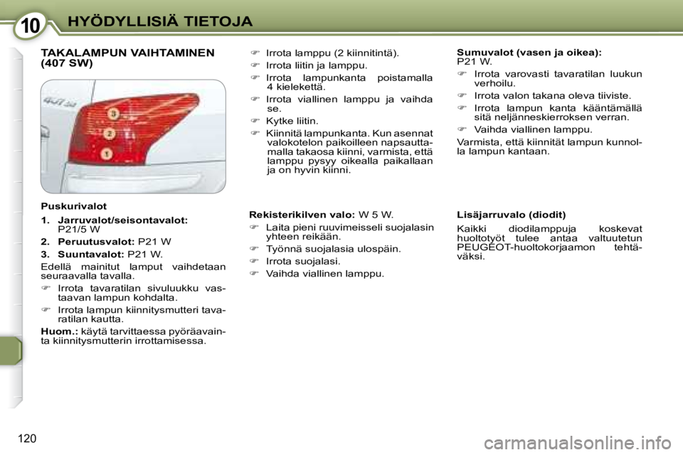 Peugeot 407 2008  Omistajan käsikirja (in Finnish) 1010HYÖDYLLISIÄ TIETOJA
120
 TAKALAMPUN VAIHTAMINEN (407 SW)    
Sumuvalot (vasen ja oikea):   
P21 W.  
   
�    Irrota  varovasti  tavaratilan  luukun 
verhoilu. 
  
�    Irrota valon takana
