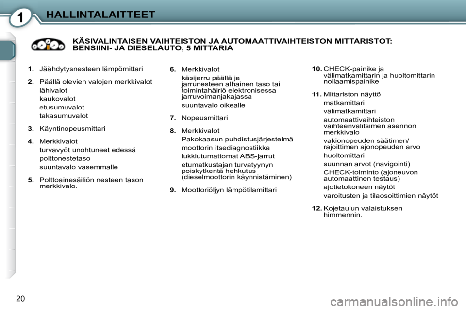 Peugeot 407 2008  Omistajan käsikirja (in Finnish) 1HALLINTALAITTEET
20
   
1.    Jäähdytysnesteen lämpömittari 
  
2.    Päällä olevien valojen merkkivalot  
  lähivalot   
  kaukovalot  
  etusumuvalot  
  takasumuvalot  
  
3.    Käyntinop