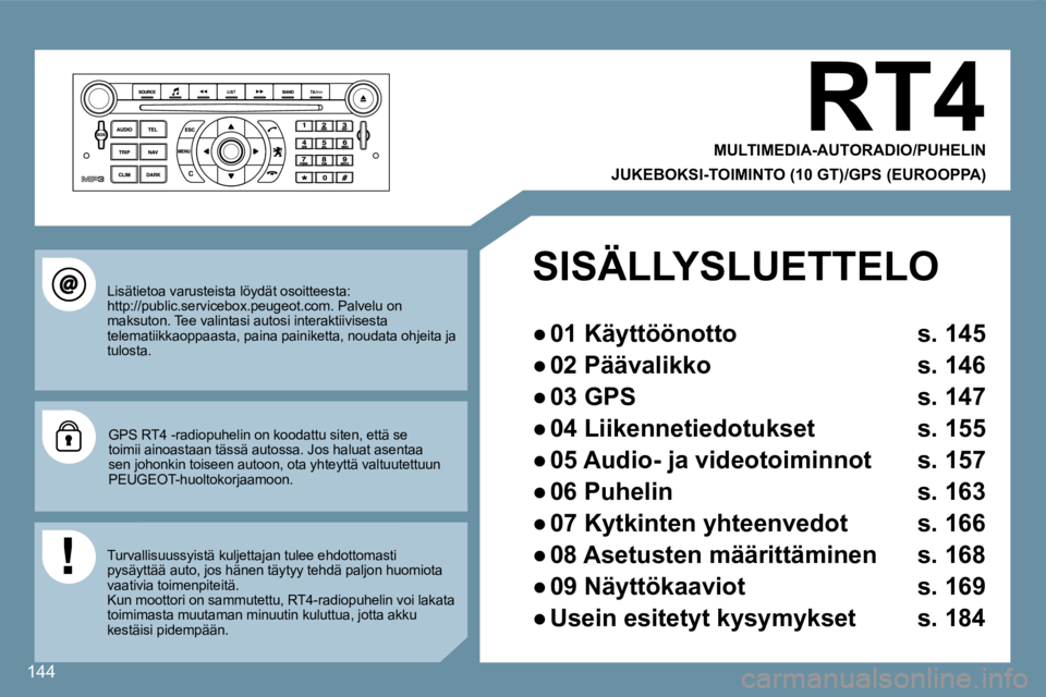 Peugeot 407 2008 Omistajan käsikirja (in Finnish) 144
RT4
MULTIMEDIA-AUTORADIO/PUHELIN
JUKEBOKSI-TOIMINTO (10 GT)/GPS (EUROOPPA)
Lisätietoa varusteista löydät osoitteesta:http://public.servicebox.peugeot.com. Palvelu on maksuton. Tee va Peugeot 407 2008 Omistajan käsikirja (in Finnish) 144
RT4
MULTIMEDIA-AUTORADIO/PUHELIN
JUKEBOKSI-TOIMINTO (10 GT)/GPS (EUROOPPA)
Lisätietoa varusteista löydät osoitteesta:http://public.servicebox.peugeot.com. Palvelu on maksuton. Tee va