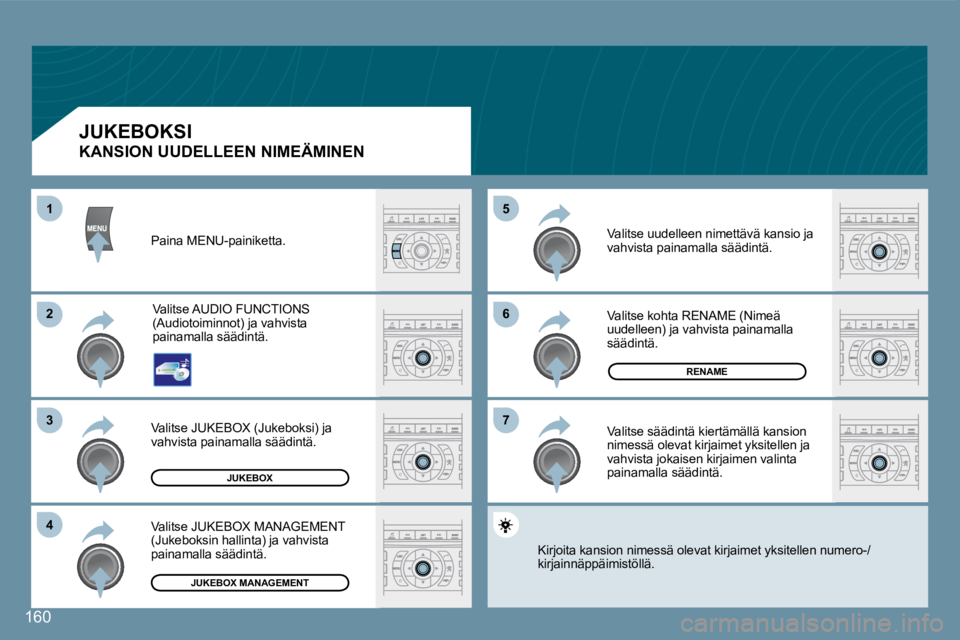 Peugeot 407 2008 Omistajan käsikirja (in Finnish) 66
77
55
22
33
44
11
160
JUKEBOX
RENAME
JUKEBOX MANAGEMENT
Paina MENU-painiketta.
Valitse AUDIO FUNCTIONS (Audiotoiminnot) ja vahvista painamalla säädintä.
Valitse JUKEBOX (Jukeboksi) ja vahvi Peugeot 407 2008 Omistajan käsikirja (in Finnish) 66
77
55
22
33
44
11
160
JUKEBOX
RENAME
JUKEBOX MANAGEMENT
Paina MENU-painiketta.
Valitse AUDIO FUNCTIONS (Audiotoiminnot) ja vahvista painamalla säädintä.
Valitse JUKEBOX (Jukeboksi) ja vahvi
