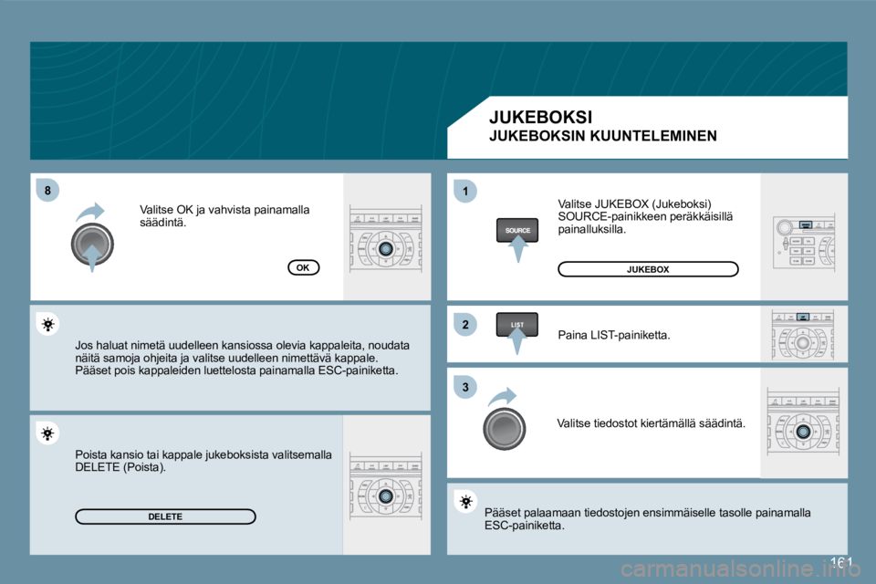 Peugeot 407 2008 Omistajan käsikirja (in Finnish) 88
22
33
11
161
DELETE
OK
Valitse JUKEBOX (Jukeboksi) SOURCE-painikkeen peräkkäisillä painalluksilla.
Paina LIST-painiketta.
Valitse tiedostot kiertämällä säädintä.
Pääset palaamaan Peugeot 407 2008 Omistajan käsikirja (in Finnish) 88
22
33
11
161
DELETE
OK
Valitse JUKEBOX (Jukeboksi) SOURCE-painikkeen peräkkäisillä painalluksilla.
Paina LIST-painiketta.
Valitse tiedostot kiertämällä säädintä.
Pääset palaamaan