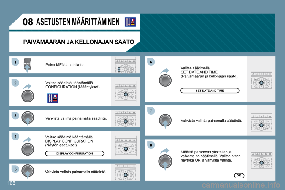 Peugeot 407 2008 Omistajan käsikirja (in Finnish) 11
22
33
44
55
66
77
88
08
168
ASETUSTEN MÄÄRITTÄMINEN
PÄIVÄMÄÄRÄN JA KELLONAJAN SÄÄTÖ
Paina MENU-painiketta.
Valitse säädintä kääntämällä CONFIGURATION (Määritykset Peugeot 407 2008 Omistajan käsikirja (in Finnish) 11
22
33
44
55
66
77
88
08
168
ASETUSTEN MÄÄRITTÄMINEN
PÄIVÄMÄÄRÄN JA KELLONAJAN SÄÄTÖ
Paina MENU-painiketta.
Valitse säädintä kääntämällä CONFIGURATION (Määritykset