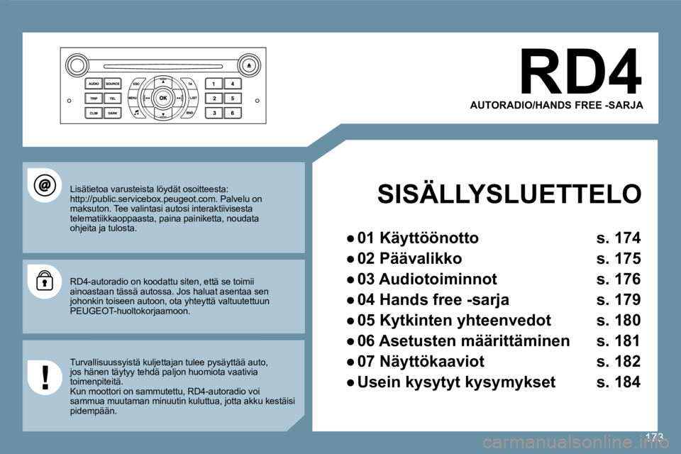 Peugeot 407 2008  Omistajan käsikirja (in Finnish) 173
  AUTORADIO/HANDS FREE -SARJA 
  SISÄLLYSLUETTELO  
� � � 