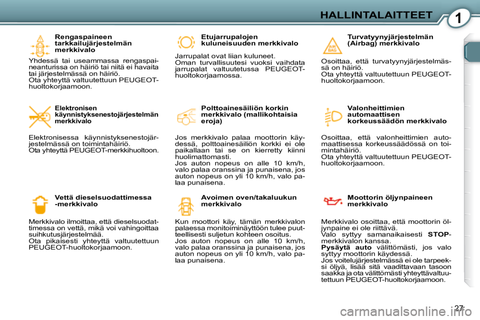 Peugeot 407 2008  Omistajan käsikirja (in Finnish) 1HALLINTALAITTEET
27
  Rengaspaineen  
tarkkailujärjestelmän 
merkkivalo 
 Yhdessä  tai  useammassa  rengaspai-
neanturissa on häiriö tai niitä ei havaita 
tai järjestelmässä on häiriö. 
  