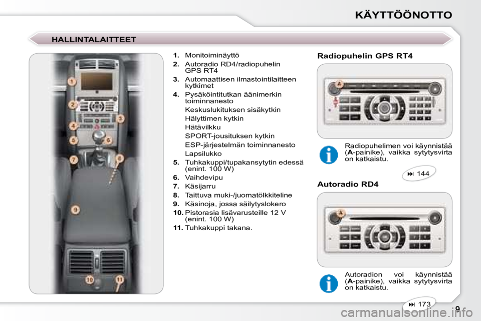 Peugeot 407 2008  Omistajan käsikirja (in Finnish) KÄYTTÖÖNOTTO
  HALLINTALAITTEET     
1.    Monitoiminäyttö 
  
2.    Autoradio RD4/radiopuhelin 
GPS RT4 
  
3.    Automaattisen ilmastointilaitteen 
kytkimet 
  
4.    Pysäköintitutkan äänim