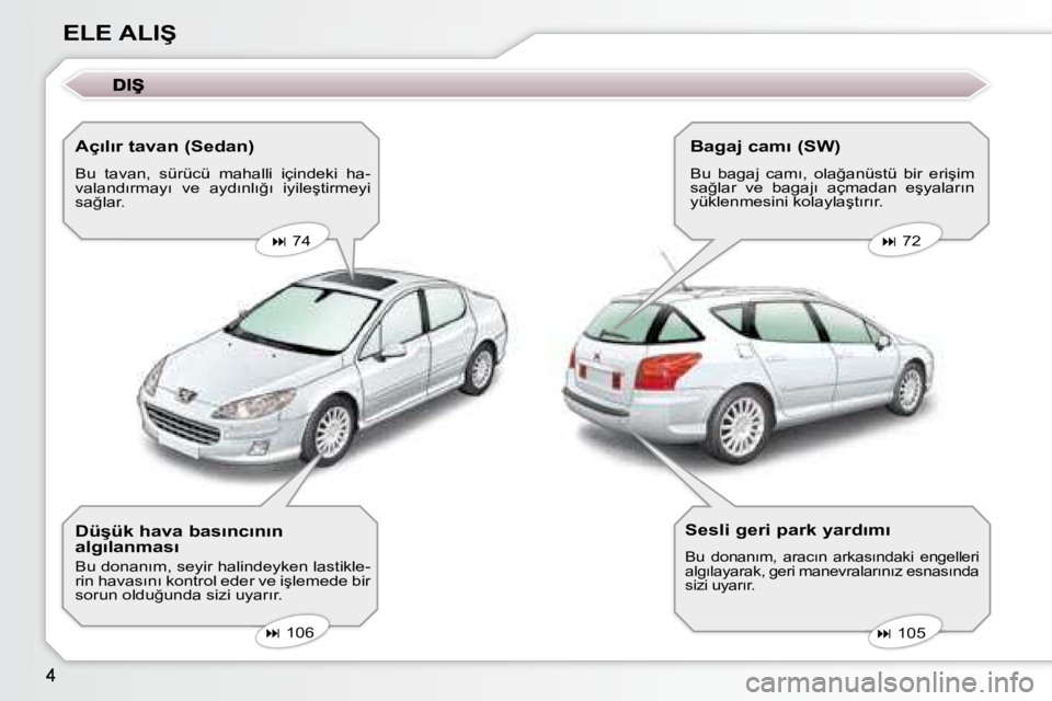 Peugeot 407 2008  Kullanım Kılavuzu (in Turkish) �E�L�E� �A�L�I�Ş� � �A�ç�ı�l�ı�r� �t�a�v�a�n� �(�S�e�d�a�n�)�  
� �B�u�  �t�a�v�a�n�,�  �s�ü�r�ü�c�ü�  �m�a�h�a�l�l�i�  �i�ç�i�n�d�e�k�i�  �h�a�- 
�v�a�l�a�n�d�ı�r�m�a�y�ı�  �v�e�  �a�y�d�ı