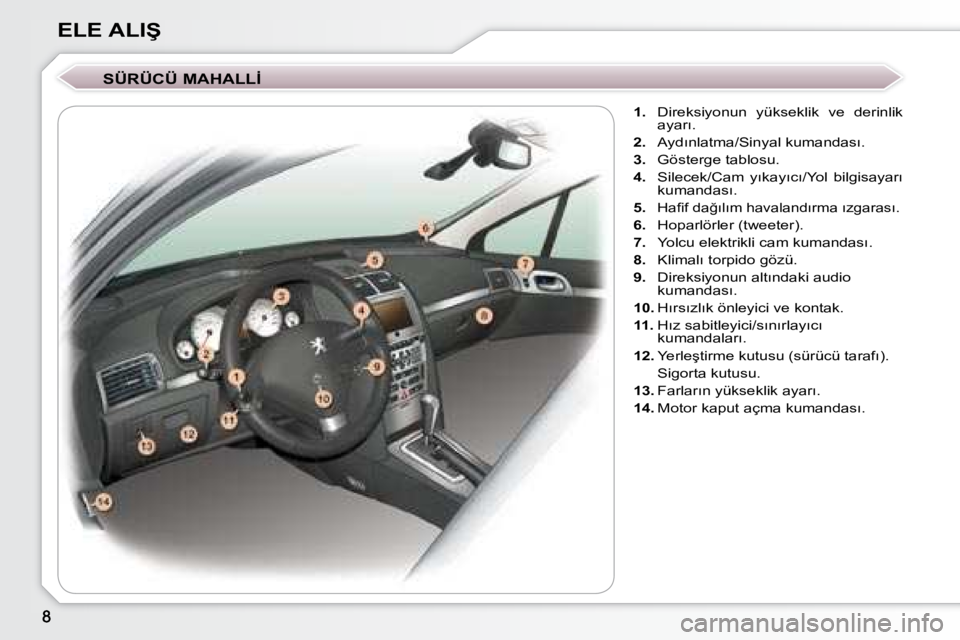 Peugeot 407 2008  Kullanım Kılavuzu (in Turkish) �E�L�E� �A�L�I�Ş� � �S�Ü�R�Ü�C�Ü� �M�A�H�A�L�L�İ�     
1. � �  �D�i�r�e�k�s�i�y�o�n�u�n�  �y�ü�k�s�e�k�l�i�k�  �v�e�  �d�e�r�i�n�l�i�k� 
�a�y�a�r�ı�.� 
  
2. � �  �A�y�d�ı�n�l�a�t�m�a�/�S�i�n�