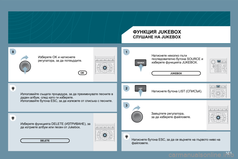 Peugeot 407 2008  Ръководство за експлоатация (in Bulgarian) �8�8
22
33
11
161
�D�E�L�E�T�E
OK
� dwlbkg_l_� gydhedh� itlb� ihke_^hywl_egh� xmlhgw� �S�O�U�R�C�E� b� bax_j_l_� nmgdpbylw� �J�U�K�E�B�O�X�.� 