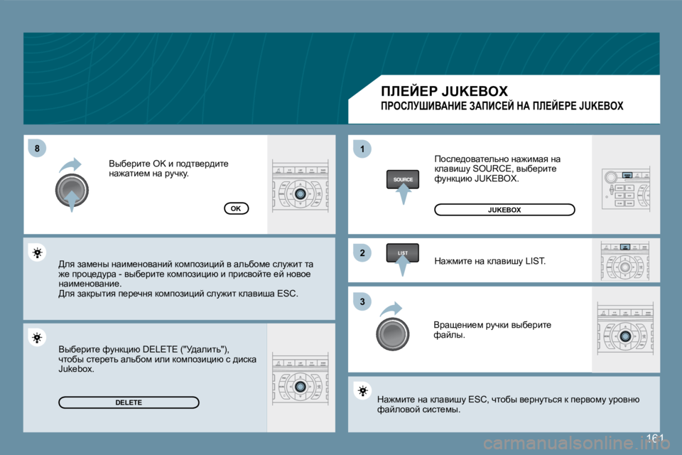 Peugeot 407 2008  Инструкция по эксплуатации (in Russian) 88
22
33
11
161
�D�E�L�E�T�E
�O�K
� fhke_^hywl_evÖh� Öw`bfwy� Öw� dewybrm� �S�O�U�R�C�E�,� yux_jbl_� nmÖdpbx� �J�U�K�E�B�O�X�.� 
� dw`fbl_� Ö