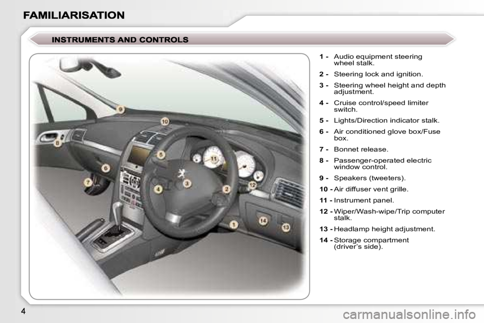 Peugeot 407 2007  Owners Manual �1� �-�  �A�u�d�i�o� �e�q�u�i�p�m�e�n�t� �s�t�e�e�r�i�n�g�w�h�e�e�l� �s�t�a�l�k�.
�2� �-�  �S�t�e�e�r�i�n�g� �l�o�c�k� �a�n�d� �i�g�n�i�t�i�o�n�.
�3� �-�  �S�t�e�e�r�i�n�g� �w�h�e�e�l� �h�e�i�g�h�t� �