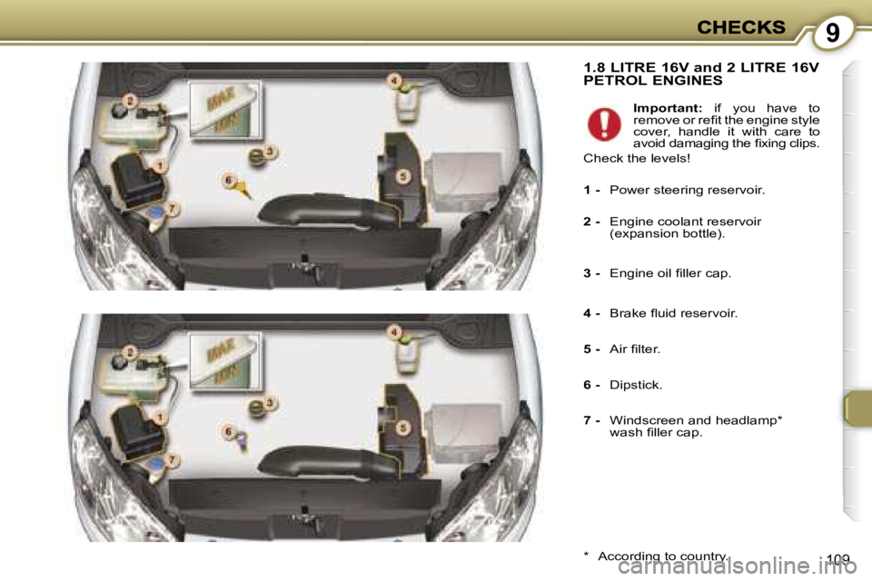 Peugeot 407 2007  Owners Manual �9
�1�0�9
�1�.�8� �L�I�T�R�E� �1�6�V� �a�n�d� �2� �L�I�T�R�E� �1�6�V�  
�P�E�T�R�O�L� �E�N�G�I�N�E�S
�*�  �A�c�c�o�r�d�i�n�g� �t�o� �c�o�u�n�t�r�y�.
�I�m�p�o�r�t�a�n�t�:�  �i�f�  �y�o�u�  �h�a�v�e�  �
