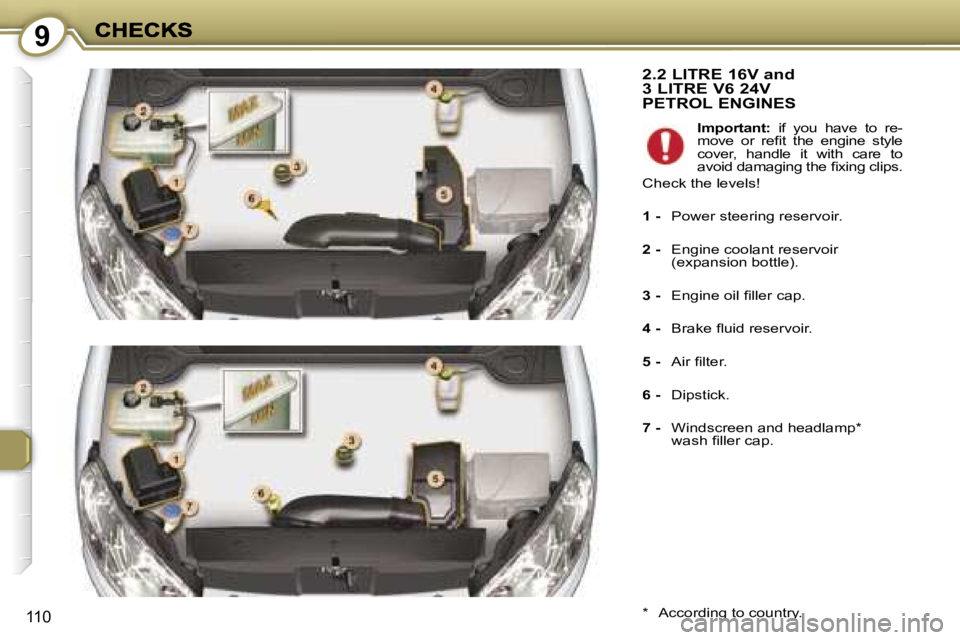 Peugeot 407 2007  Owners Manual �9
�1�1�0
�2�.�2� �L�I�T�R�E� �1�6�V� �a�n�d�  
�3� �L�I�T�R�E� �V�6� �2�4�V� 
�P�E�T�R�O�L� �E�N�G�I�N�E�S
�*�  �A�c�c�o�r�d�i�n�g� �t�o� �c�o�u�n�t�r�y�.
�I�m�p�o�r�t�a�n�t�:�  �i�f�  �y�o�u�  �h�a�