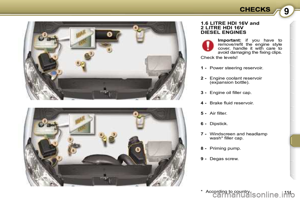 Peugeot 407 2007  Owners Manual �9
�1�1�1
�1�.�6� �L�I�T�R�E� �H�D�I� �1�6�V� �a�n�d�  
�2� �L�I�T�R�E� �H�D�I� �1�6�V� 
�D�I�E�S�E�L� �E�N�G�I�N�E�S
�*�  �A�c�c�o�r�d�i�n�g� �t�o� �c�o�u�n�t�r�y�.
�I�m�p�o�r�t�a�n�t�:�  �i�f�  �y�o
