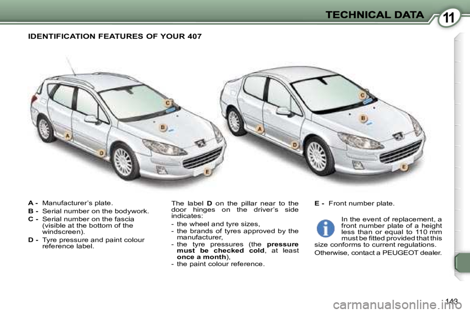 Peugeot 407 2007  Owners Manual �1�1
�1�4�3
�A� �-� �M�a�n�u�f�a�c�t�u�r�e�r�’�s� �p�l�a�t�e�.
�B� �-� �S�e�r�i�a�l� �n�u�m�b�e�r� �o�n� �t�h�e� �b�o�d�y�w�o�r�k�.
�C� �-� �S�e�r�i�a�l� �n�u�m�b�e�r� �o�n� �t�h�e� �f�a�s�c�i�a� �(