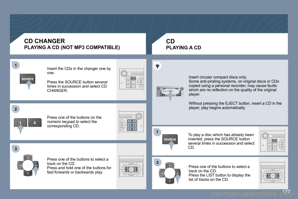 Peugeot 407 2007  Owners Manual �1�1
�2�2
�3�3
�1�1
�2�2
�1�7�7
�C�D� �C�H�A�N�G�E�R
�P�L�A�Y�I�N�G� �A� �C�D� �(�N�O�T� �M�P�3� �C�O�M�P�A�T�I�B�L�E�)� 
�I�n�s�e�r�t� �t�h�e� �C�D�s� �i�n� �t�h�e� �c�h�a�n�g�e�r� �o�n�e� �b�y� �o�n