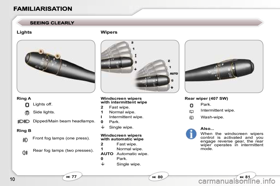 Peugeot 407 2007  Owners Manual �L�i�g�h�t�s
�R�i�n�g� �A
�R�i�n�g� �B
�W�i�n�d�s�c�r�e�e�n� �w�i�p�e�r�s�w�i�t�h� �i�n�t�e�r�m�i�t�t�e�n�t� �w�i�p�e
�2�  �F�a�s�t� �w�i�p�e�.
�1�  �N�o�r�m�a�l� �w�i�p�e�.
�I�  �I�n�t�e�r�m�i�t�t�e�
