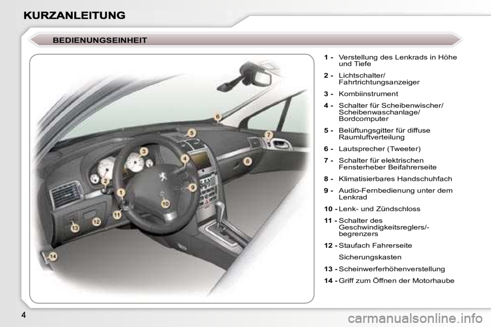 Peugeot 407 2007  Betriebsanleitung (in German) �B�E�D�I�E�N�U�N�G�S�E�I�N�H�E�I�T
�1� �-�  �V�e�r�s�t�e�l�l�u�n�g� �d�e�s� �L�e�n�k�r�a�d�s� �i�n� �H�ö�h�e� �u�n�d� �T�i�e�f�e� 
�2� �-�  �L�i�c�h�t�s�c�h�a�l�t�e�r�/�F�a�h�r�t�r�i�c�h�t�u�n�g�s�a�