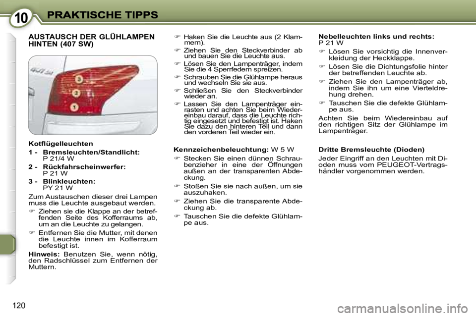 Peugeot 407 2007  Betriebsanleitung (in German) �1�0�1�0
�1�2�0
�A�U�S�T�A�U�S�C�H� �D�E�R� �G�L�Ü�H�L�A�M�P�E�N�  
�H�I�N�T�E�N� �(�4�0�7� �S�W�)�N�e�b�e�l�l�e�u�c�h�t�e�n� �l�i�n�k�s� �u�n�d� �r�e�c�h�t�s�:�P� �2�1� �W� 
��  �L�ö�s�e�n�  �S�
