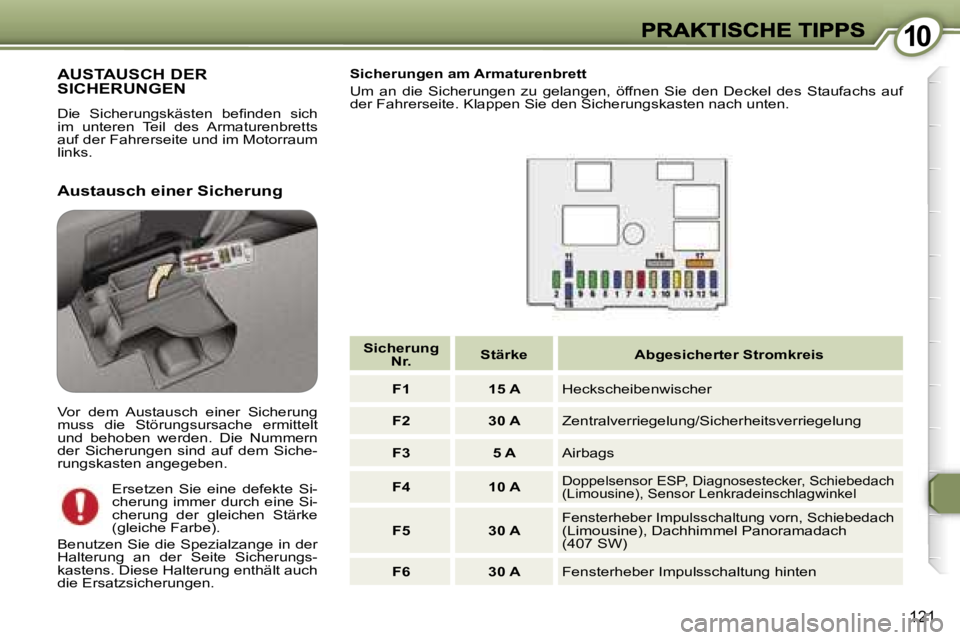 Peugeot 407 2007  Betriebsanleitung (in German) �1�0�1�0
�1�2�1
�A�U�S�T�A�U�S�C�H� �D�E�R�  
�S�I�C�H�E�R�U�N�G�E�N
�D�i�e�  �S�i�c�h�e�r�u�n�g�s�k�ä�s�t�e�n�  �b�e�ﬁ�n�d�e�n�  �s�i�c�h� �i�m�  �u�n�t�e�r�e�n�  �T�e�i�l�  �d�e�s�  �A�r�m�a�t�u�