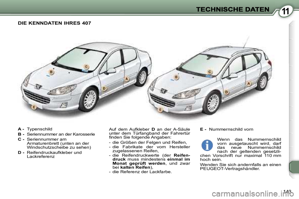 Peugeot 407 2007  Betriebsanleitung (in German) �1�1
�1�4�3
�A� �-� �T�y�p�e�n�s�c�h�i�l�d
�B� �-� �S�e�r�i�e�n�n�u�m�m�e�r� �a�n� �d�e�r� �K�a�r�o�s�s�e�r�i�e� 
�C� �-� �S�e�r�i�e�n�n�u�m�m�e�r� �a�m� �A�r�m�a�t�u�r�e�n�b�r�e�t�t� �(�u�n�t�e�n� �a