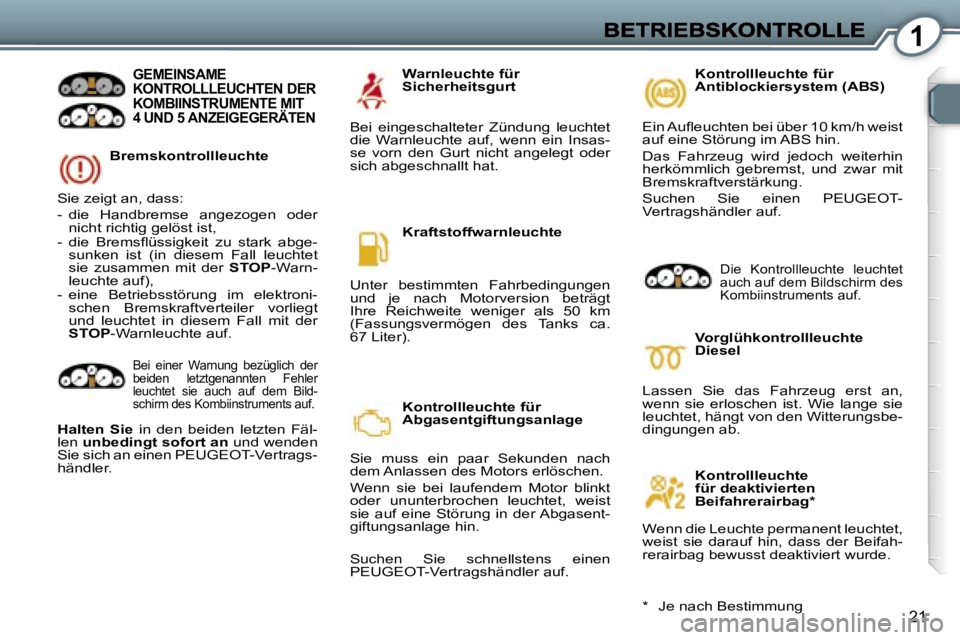 Peugeot 407 2007  Betriebsanleitung (in German) �1
�2�1
�B�r�e�m�s�k�o�n�t�r�o�l�l�l�e�u�c�h�t�e� 
�G�E�M�E�I�N�S�A�M�E�  
�K�O�N�T�R�O�L�L�L�E�U�C�H�T�E�N� �D�E�R� 
�K�O�M�B�I�I�N�S�T�R�U�M�E�N�T�E� �M�I�T� 
�4� �U�N�D� �5� �A�N�Z�E�I�G�E�G�E�R�Ä