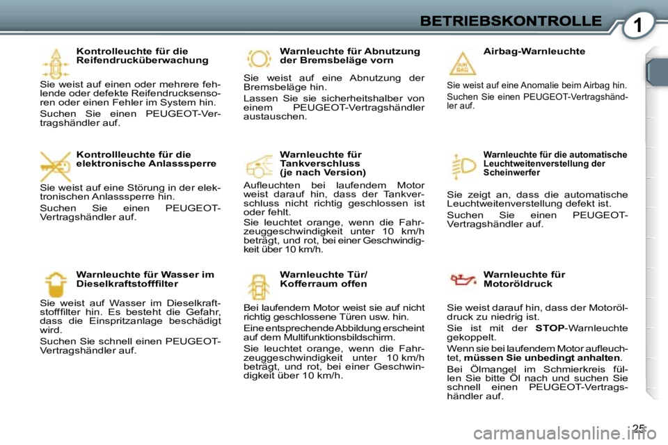 Peugeot 407 2007  Betriebsanleitung (in German) �1
�2�5
�K�o�n�t�r�o�l�l�e�u�c�h�t�e� �f�ü�r� �d�i�e� �R�e�i�f�e�n�d�r�u�c�k�ü�b�e�r�w�a�c�h�u�n�g� 
�S�i�e� �w�e�i�s�t� �a�u�f� �e�i�n�e�n� �o�d�e�r� �m�e�h�r�e�r�e� �f�e�h�-�l�e�n�d�e� �o�d�e�r� �