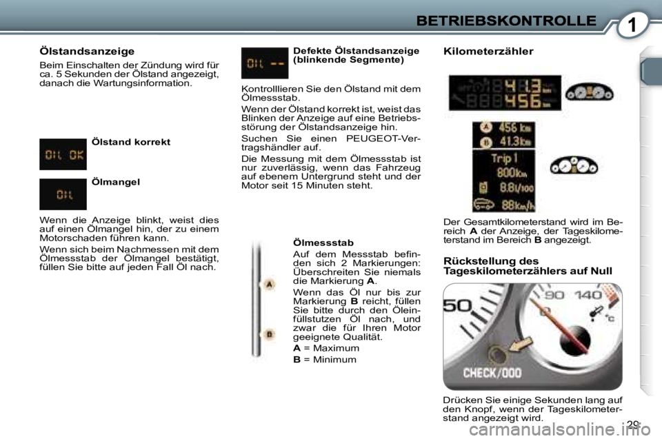 Peugeot 407 2007  Betriebsanleitung (in German) �1
�2�9
�Ö�l�s�t�a�n�d�s�a�n�z�e�i�g�e� 
�B�e�i�m� �E�i�n�s�c�h�a�l�t�e�n� �d�e�r� �Z�ü�n�d�u�n�g� �w�i�r�d� �f�ü�r� �c�a�.� �5� �S�e�k�u�n�d�e�n� �d�e�r� �Ö�l�s�t�a�n�d� �a�n�g�e�z�e�i�g�t�,� �B�